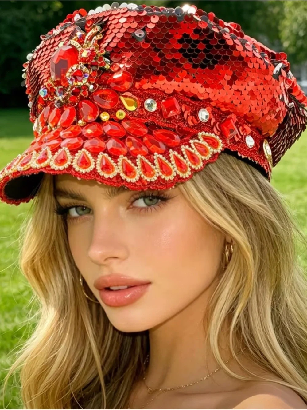 Embellished Red Sequin Jewel Cap - Women Accessories